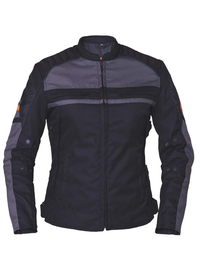 Women’s Revolution Gear nylon motorcycle jacket by Dynamicleather in two-tone design, styled as a women’s top or shirt.