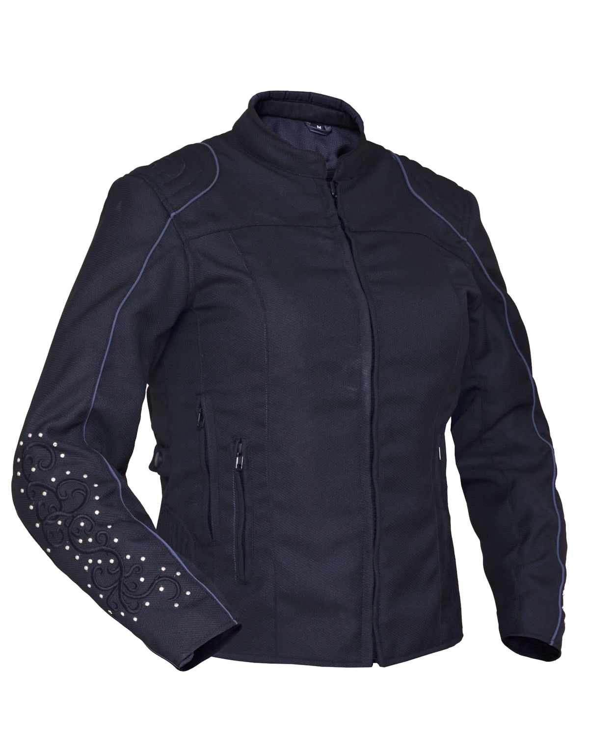 Dynamicleather women's motorcycle nylon textile jacket with wing design on the back, casual and protective women's motorcycle jacket.