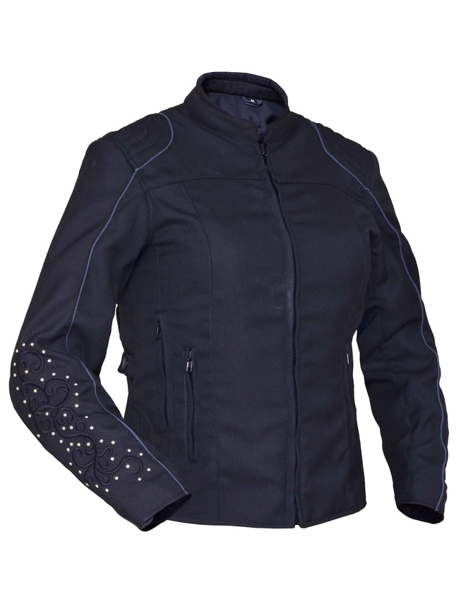 Dynamicleather women's motorcycle nylon textile jacket with wing design on the back, casual and protective women's motorcycle jacket.