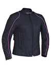 Dynamicleather women's motorcycle jacket in nylon textile with wing design on the back, featuring a stylish and protective fit.