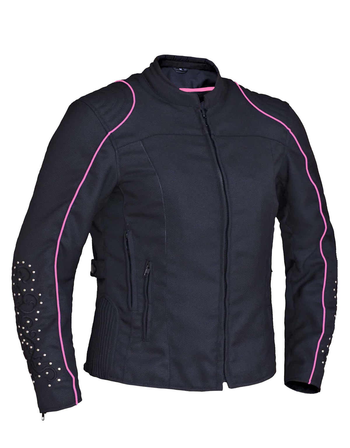 Dynamicleather women's motorcycle jacket in nylon textile with wing design on the back, featuring a stylish and protective fit.