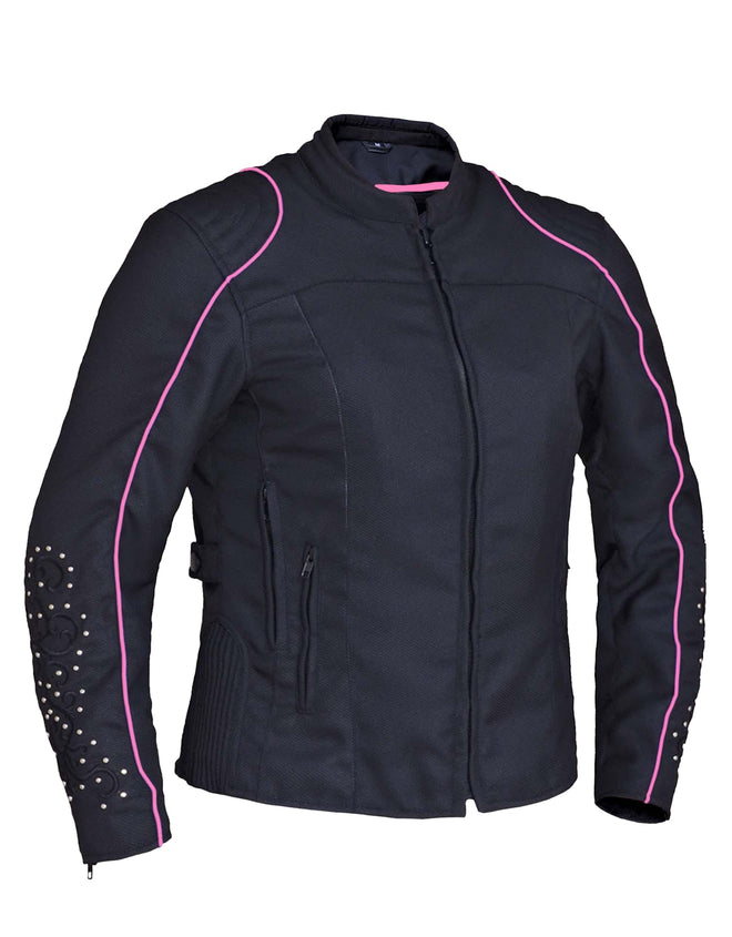 Dynamicleather women's motorcycle jacket in nylon textile with wing design on the back, featuring a stylish and protective fit.
