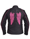 Dynamicleather women's motorcycle jacket in nylon textile with wing design on the back, featuring a stylish and protective riding gear.