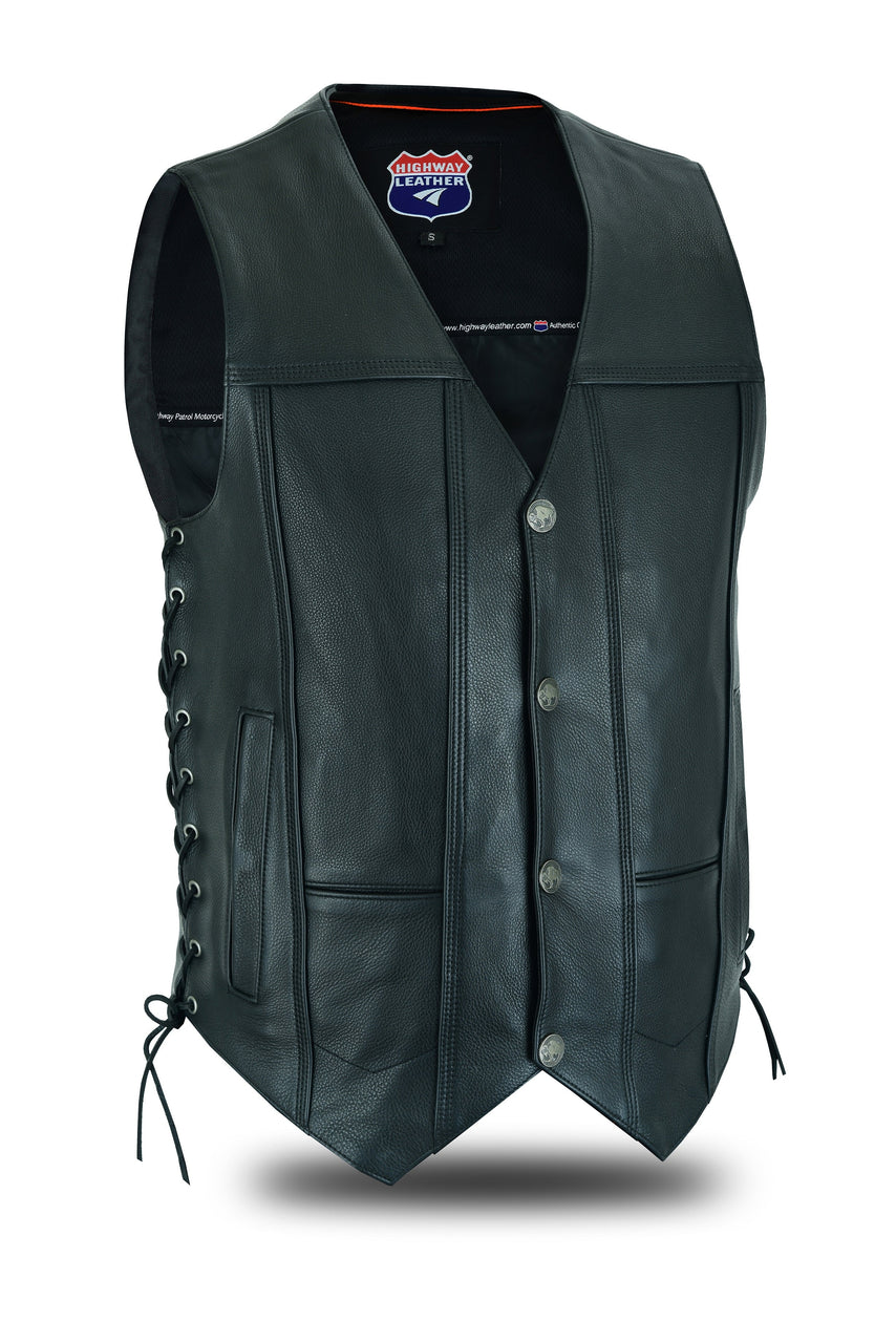 COVINGTON - Men Motorcycle Leather Vest - Gun Pocket, Side Lace, Single panel back, Buffalo Nickle Snaps - HighwayLeather