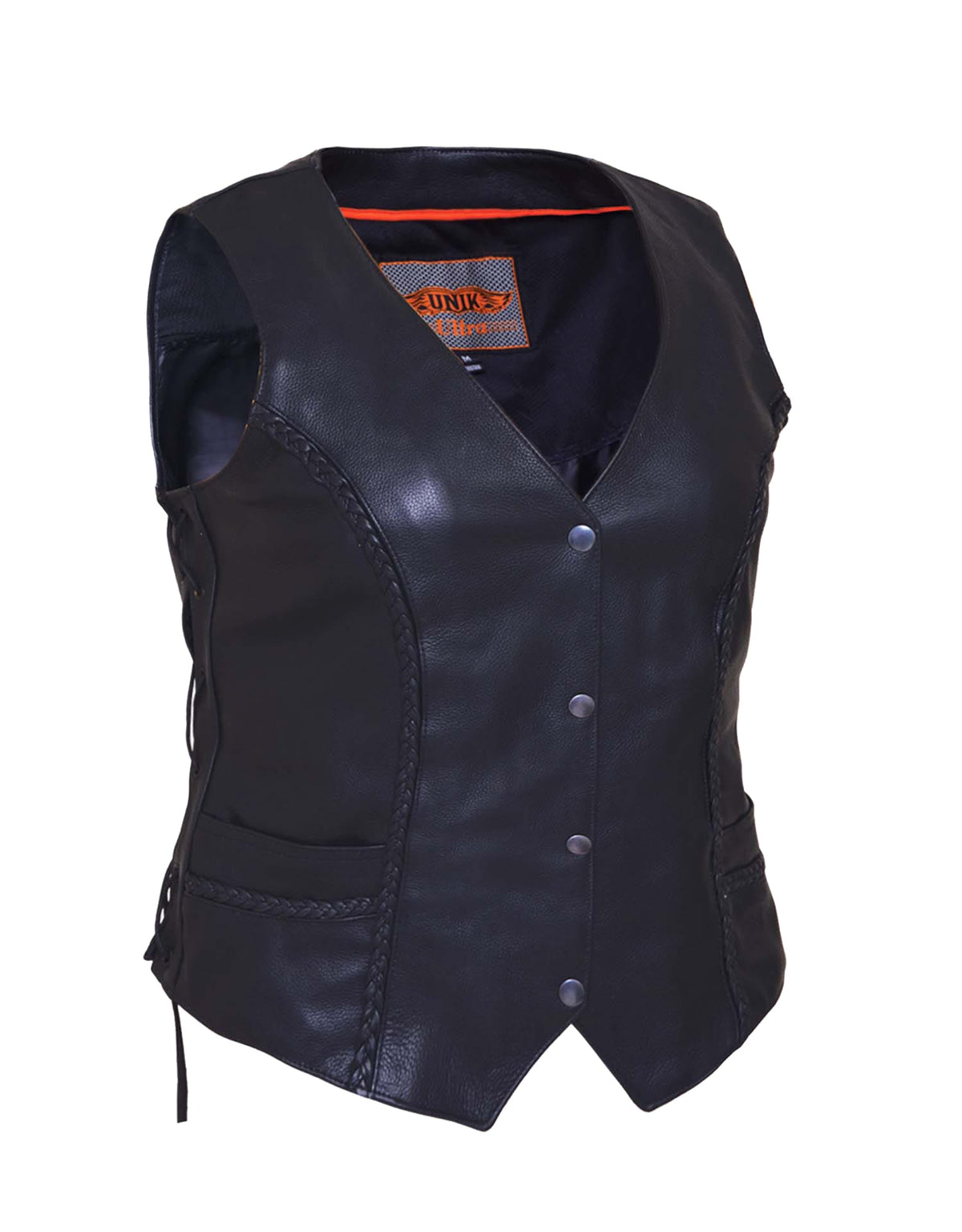 Women’s leather braided motorcycle vest by Dynamicleather, featuring ultra-soft leather and detailed braiding, sleeveless design.