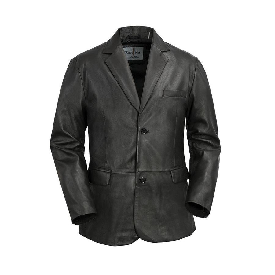 Men's leather blazer jacket by First MFG, stylish men's jacket with a fitted design and classic leather texture in black.
