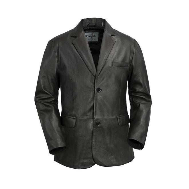 Men's leather blazer jacket by First MFG, stylish men's jacket with a fitted design and classic leather texture in black.