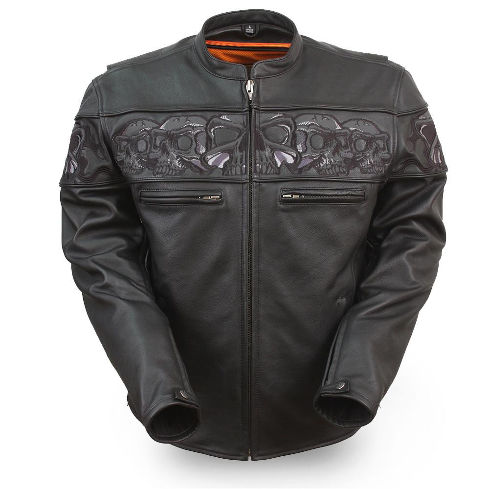 Dynamicleather Savage Skulls women's jacket featuring skull graphic design, black leather material, and stylish fit.