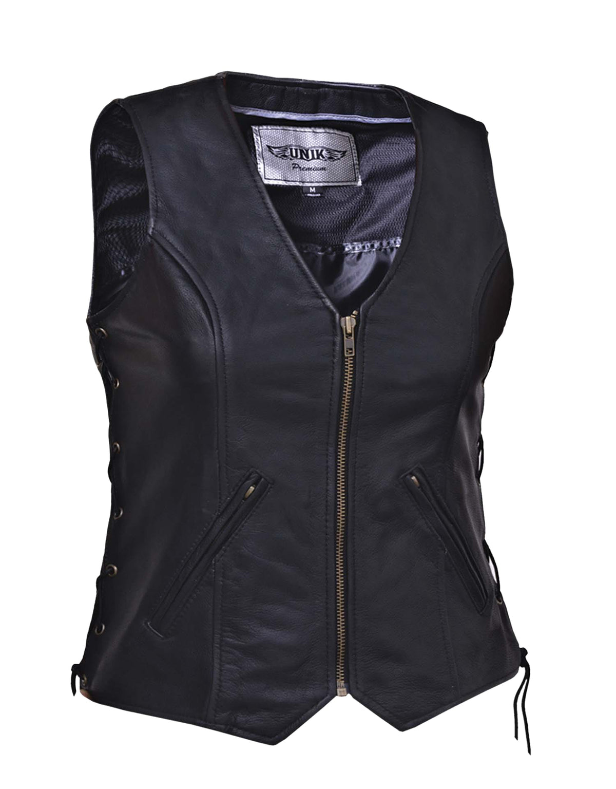 Women’s premium leather motorcycle zippered vest by Dynamicleather, featuring front zipper and stylish design.