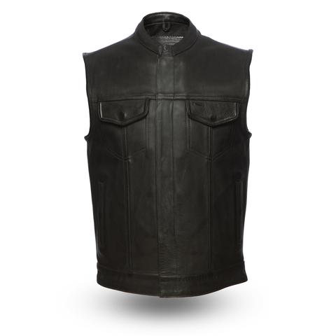 Black leather biker vest by Dynamicleather with metal studs and zip closure, displayed on a hanger.