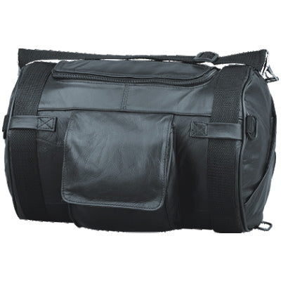 IK Leather PU drum duffle roll bag for bikers, featuring durable material and spacious design for motorcycle gear storage.