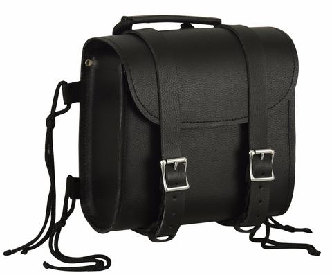Dynamicleather FIBAG8502 biker bag with rugged leather design, adjustable straps, and multiple compartments for motorcycle riding.