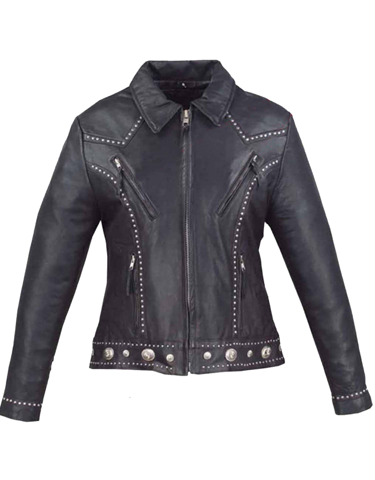 Women’s premium biker western motorcycle jacket by Dynamicleather, featuring stylish design and durable leather construction.