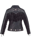 Women’s premium biker western motorcycle jacket by Dynamicleather, black leather with metal accents and tailored fit.