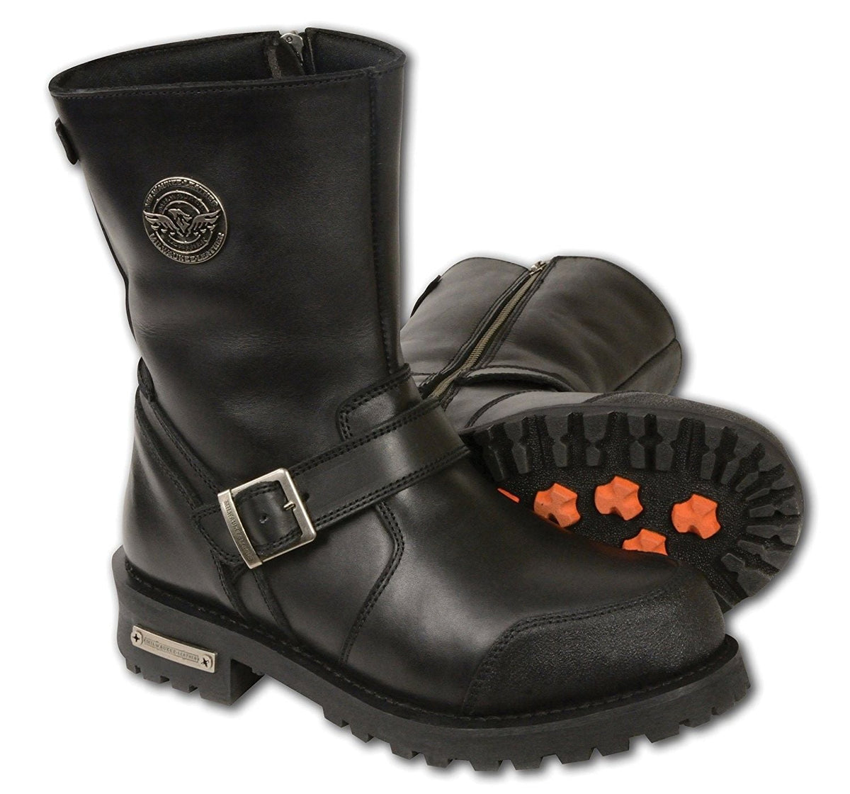 Milwaukee Leather men's classic boots with buckle detail, black leather footwear featuring sturdy sole and stylish design.