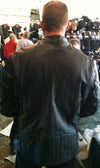 Black vented leather motorcycle jacket for men by Buffalo Leather Gear, featuring tall design with longer sleeves and back length.