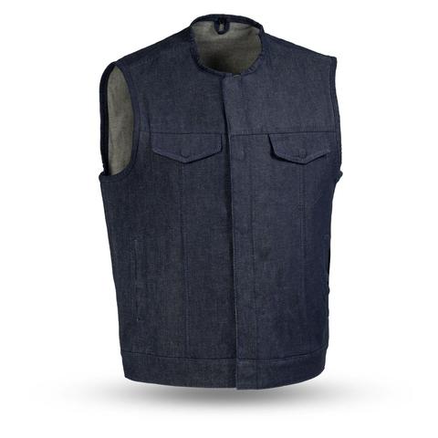 Men's Haywood Blue vest by Dynamicleather, featuring a stylish blue leather vest with detailed stitching and a sleek fit.