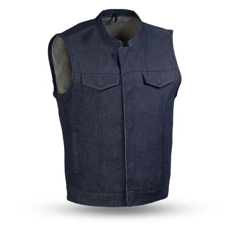 Blue men's vest by Dynamicleather, featuring a sleek design with front pockets and tailored fit, perfect for casual or outdoor wear.