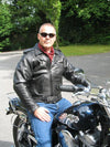 Buffalo Leather Gear men's highway patrol leather jacket in black with hardware and kidney back design, authentic and stylish.