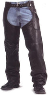 Dynamicleather Gunslinger leather chaps with three-pocket design, featuring sturdy leather and motorcycle-ready style.