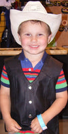 Unisex black leather motorcycle vest for kids by Buffalo Leather Gear, featuring classic western style and soft leather material.