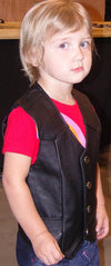 Unisex black leather motorcycle vest for kids by Buffalo Leather Gear, featuring Western-style soft leather and classic design.