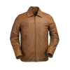 HighwayLeather Indiana men's leather jacket featuring classic design, front zipper, and stylish collar, displayed on a hanger.
