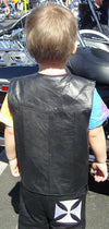 Kids' unisex black leather motorcycle vest by Buffalo Leather Gear, featuring soft western-style leather and classic design.