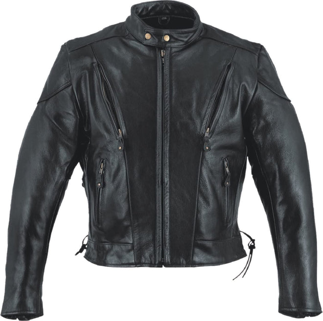 Men's vented racer leather motorcycle jacket by HighwayLeather with breathable panels and classic style.