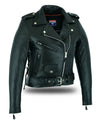 Women's full-length motorcycle jacket with side lace detail by Dynamicleather, featuring a sleek black design and rugged style.