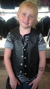 Kids unisex black leather motorcycle vest by Buffalo Leather Gear, featuring classic western style and soft genuine leather.