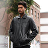 HighwayLeather Indiana men's leather jacket displayed on a hanger, showcasing classic black leather with detailed stitching.