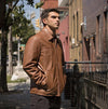HighwayLeather Indiana men's leather jacket, stylish men's jacket with a classic design, dark brown leather, and front zipper.