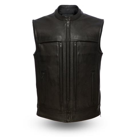 Dynamicleather Rampage leather biker vest with metal zipper and studded details, displayed on a hanger against a plain background.
