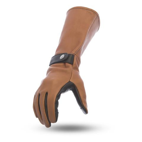 Dynamicleather gauntlet gloves with leather construction, featuring detailed stitching and protective design visible in the image.