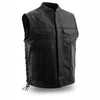 Dynamicleather leather biker vest labeled "Sniper" with front zipper and adjustable straps, styled for motorcycle enthusiasts.