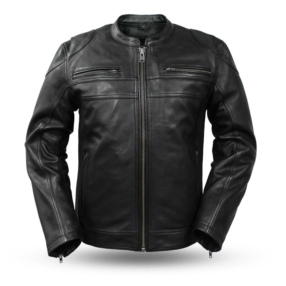 Dynamicleather Nemesis men's jacket in black leather with stylish design and front zipper, displayed on a hanger.