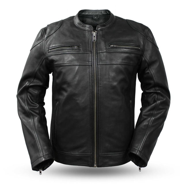 Dynamicleather Nemesis men's jacket in black leather with stylish design and front zipper, displayed on a hanger.
