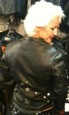 Reflective star leather jacket for women by HighwayLeather, showcasing stylish design and glossy black leather with star accents.