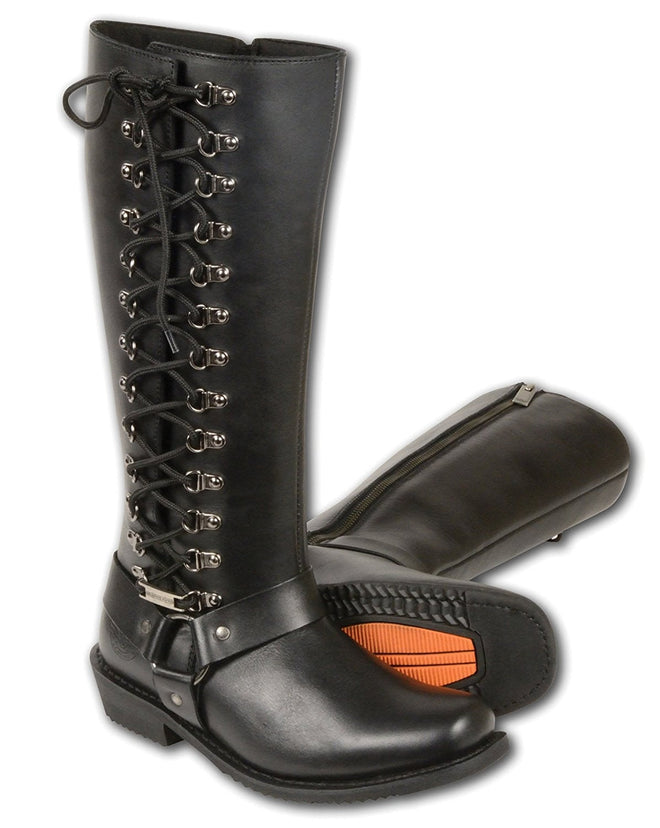 Dynamicleather women's tall leather boots with side lacing, stylish footwear featuring a sleek design and lace-up detail.