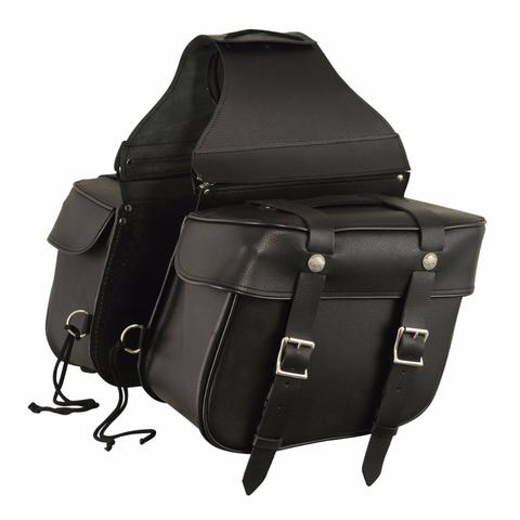 Dynamicleather FIBAG8000 biker bags shown in black, with sleek design and sturdy straps for motorcycle storage.