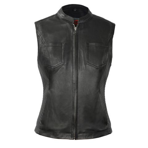 Dynamicleather Warrior Princess leather biker jacket featuring metallic studs and a fitted design on a mannequin.
