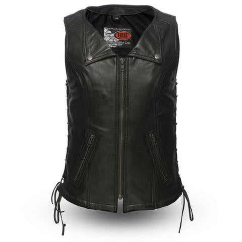 Dynamicleather Jenni men's vest in black leather, stylish sleeveless design with front zipper and adjustable straps.