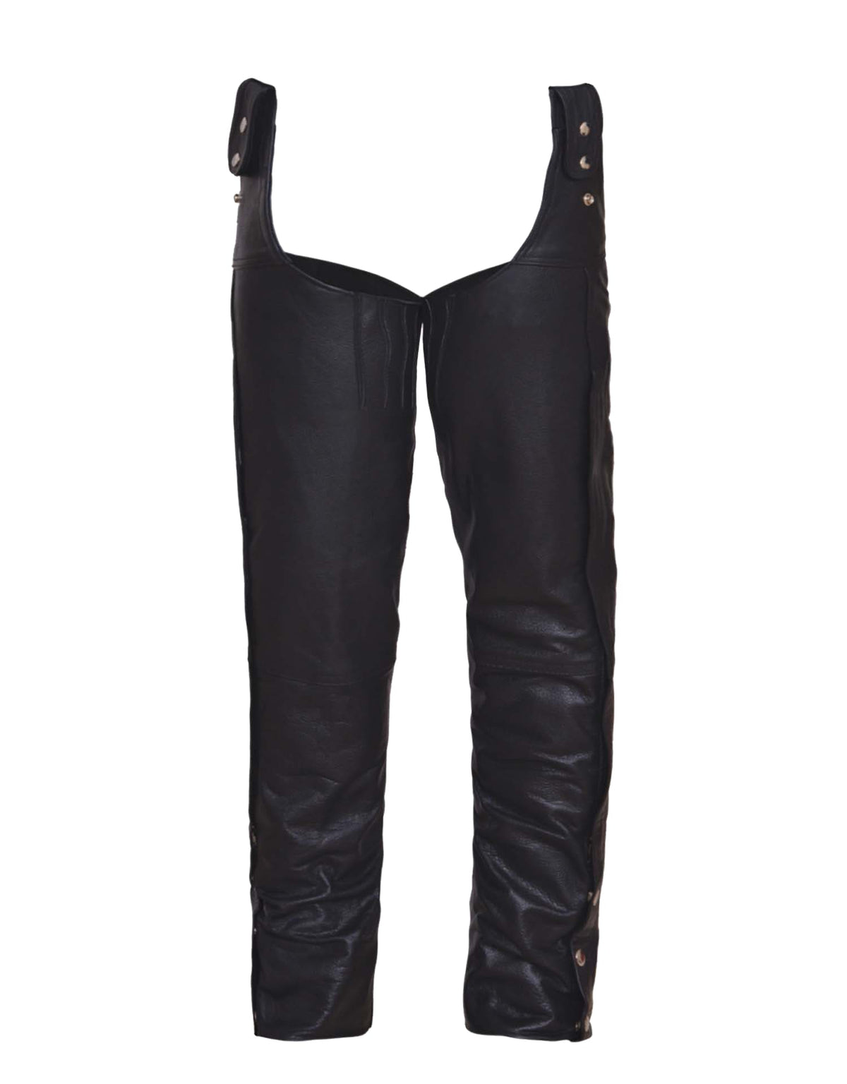 Unisex premium leather motorcycle chaps by Dynamicleather, beltless design with reinforced knee protection and rugged style.
