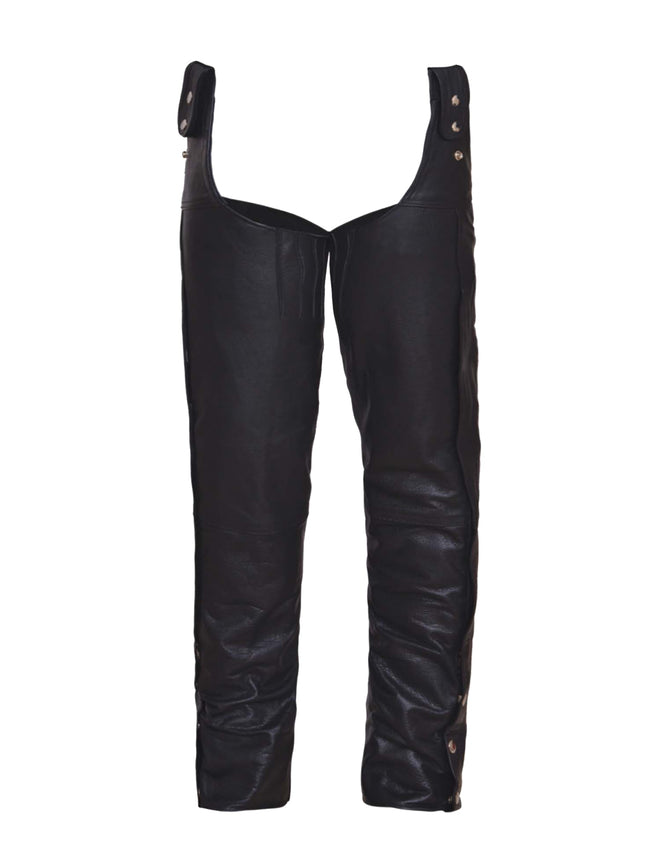 Unisex premium leather motorcycle chaps by Dynamicleather, beltless design with reinforced knee protection and rugged style.