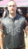 Dynamicleather skull leather biker vest featuring front skull design, black leather material, and classic motorcycle vest style.