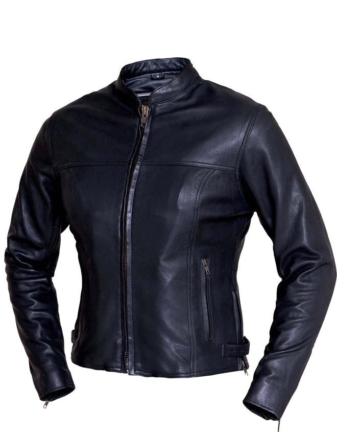 Ladies lightweight leather motorcycle jacket by Dynamicleather featuring a stylish fit and premium black leather for women.