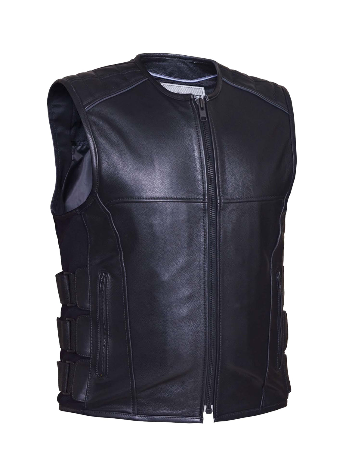 Men's premium leather motorcycle vest with zipper closure, swat style design, by Dynamicleather, featuring multiple pockets and a rugged look.