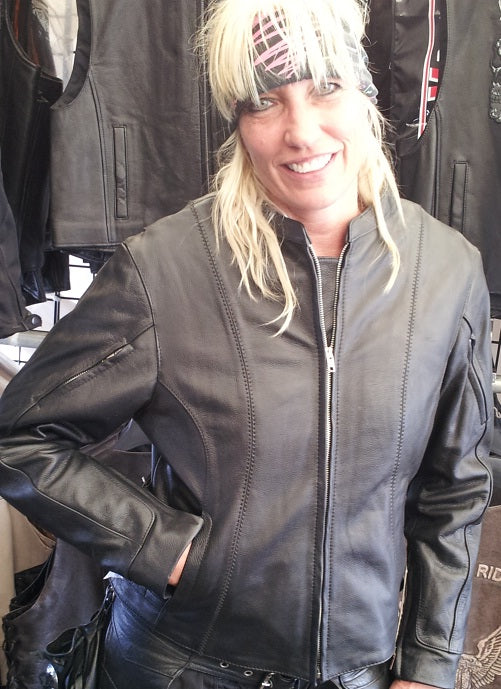 Buffalo Leather Gear women's Bombshell leather jacket with side buckle, stylish black design and fitted silhouette.
