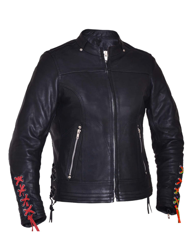 Ladies Ultra Motorcycle Leather Jacket by Dynamicleather, women’s black leather motorcycle jacket with stylish design.